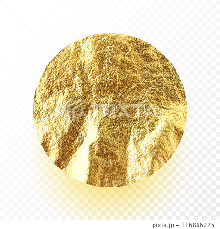 Gold foil, shiny handmade circle. Golden glittering texture, pattern. Luxury shining hand drawn background. Wedding, greeting card decoration element. Modern minimalist art. Vector illustration 116866225
