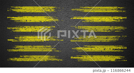 Yellow grunge tire tracks, wheel braking marks. Truck, car or motorcycle tread pattern silhouettes. Auto race, motorsport, speed racing design element. Asphalt texture. Vector illustration 116866244
