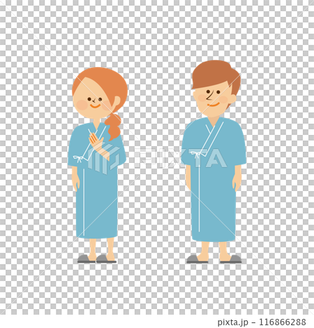Health checkup: Cute illustration of a man and woman wearing examination clothes 116866288