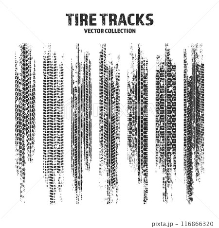 Grunge tire tracks, wheel braking marks. Truck, car or motorcycle tread pattern silhouettes. Auto race, motorsport, speed racing design element. Vector illustration 116866320