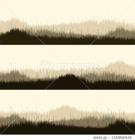 Meadow silhouettes with grass, plants on plain. Panoramic summer lawn landscape with herbs, various weeds. Herbal border, frame. Nature background. Brown horizontal banner. Vector illustration Meadow silhouettes with grass, plants on plain. Panoramic summer lawn landscape with herbs, various weeds. Herbal border, frame. Nature background. Brown horizontal banner. Vector illustration 116866426