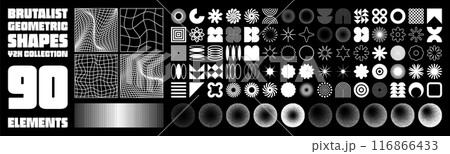 Brutalist geometric shapes, modern symbols. Groovy checkered pattern, distorted tiled grid. Simple elements, forms. Retro design, trendy contemporary minimalist style, y2k. Vector illustration 116866433