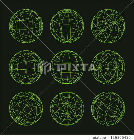 Wireframe shapes, lined sphere. Perspective mesh, 3d grid. Low poly geometric elements. Retro futuristic design elements, y2k, vaporwave and synthwave style. Vector illustration Wireframe shapes, lined sphere. Perspective mesh, 3d grid. Low poly geometric elements. Retro futuristic design elements, y2k, vaporwave and synthwave style. Vector illustration 116866450