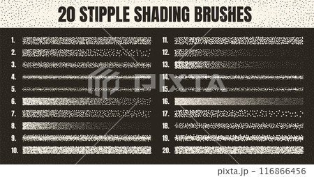 Stipple scatter brush, ink drawing and texturing. Fading gradient. Stippling, dotwork drawing, shading using dots. Halftone disintegration effect. White noise grainy texture. Vector illustration 116866456