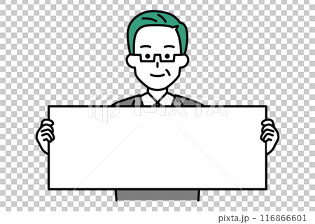 横長のホワイトボードを持っている中年のスーツの男性 横長のホワイトボードを持っている中年のスーツの男性 116866601