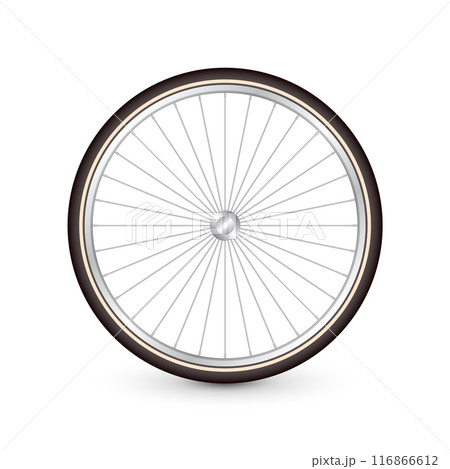 Realistic 3d retro bicycle wheel. Bike rubber tire, shiny metal spokes and rim. Fitness cycle, touring, sport, road and mountain bike. Vector illustration Realistic 3d retro bicycle wheel. Bike rubber tire, shiny metal spokes and rim. Fitness cycle, touring, sport, road and mountain bike. Vector illustration 116866612