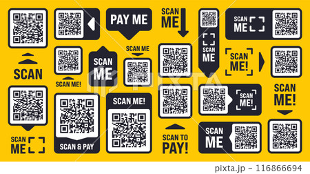 Scan me QR code sticker with text. Online payment. Special offer sale stickers, shopping discount label, promotional badge. Product serial number. Supermarket retail price tag. Vector illustration Scan me QR code sticker with text. Online payment. Special offer sale stickers, shopping discount label, promotional badge. Product serial number. Supermarket retail price tag. Vector illustration 116866694