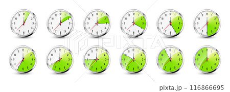 Wall clock, stopwatch icons. Shiny metal chronometer, time counter with dial. Green countdown timer showing minutes and seconds. Time measurement for sport, start and finish. Vector illustration 116866695