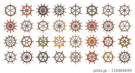 Wooden vintage steering wheels. Ship, sailboat or yacht retro wheel symbol. Colorful nautical rudder icon. Marine logotype design element. Vector illustration 116866699