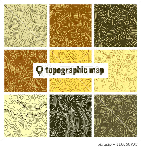 Colorful topographic map with contour lines. Geographic terrain grid, relief height elevation. Ground path pattern. Travel and navigation, cartography design element. Vector illustration 116866735