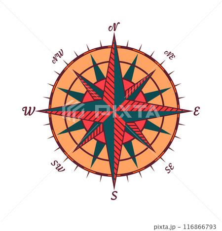Vintage marine wind rose, nautical chart. Colorful navigational compass with cardinal directions of North, East, South, West. Geographical position, cartography and navigation. Vector illustration 116866793