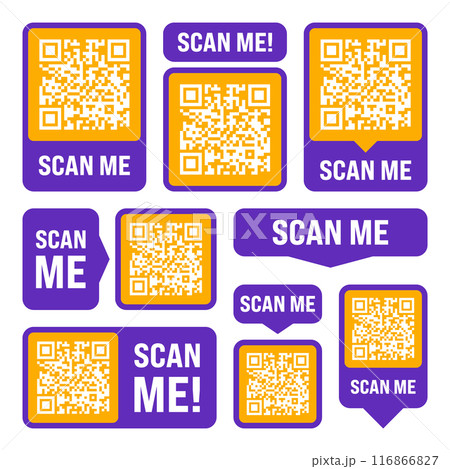 Scan me QR code sticker. Online payment. Special offer sale stickers, shopping discount label or promotional badge. Serial number, product ID. Supermarket retail label, price tag. Vector illustration Scan me QR code sticker. Online payment. Special offer sale stickers, shopping discount label or promotional badge. Serial number, product ID. Supermarket retail label, price tag. Vector illustration 116866827