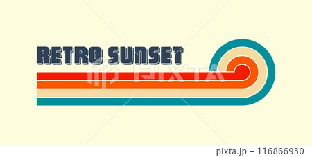 Horizontal vintage sunset. Various colorful striped sunrise badges in 80s and 90s style. Sun and ocean view, summer vibes, surfing. Design element, print, logo or t-shirt. Vector illustration Horizontal vintage sunset. Various colorful striped sunrise badges in 80s and 90s style. Sun and ocean view, summer vibes, surfing. Design element, print, logo or t-shirt. Vector illustration 116866930