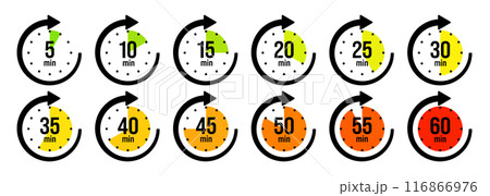 Stopwatch icons with pointer arrow. Colorful chronometer, time counter with dial. Countdown time, hours and minutes. Deadline, sport measurement. Cooking time label, sticker. Vector illustration Stopwatch icons with pointer arrow. Colorful chronometer, time counter with dial. Countdown time, hours and minutes. Deadline, sport measurement. Cooking time label, sticker. Vector illustration 116866976