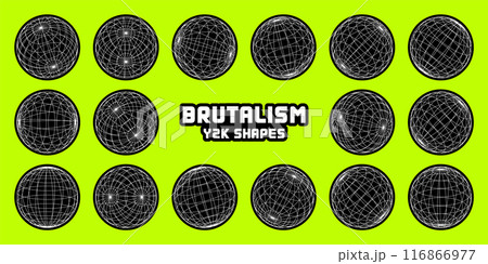 Wireframe shapes, lined sphere. Perspective mesh, 3d grid. Modern trendy low poly geometric elements. Retro futuristic design elements, y2k, vaporwave and synthwave style. Vector illustration Wireframe shapes, lined sphere. Perspective mesh, 3d grid. Modern trendy low poly geometric elements. Retro futuristic design elements, y2k, vaporwave and synthwave style. Vector illustration 116866977