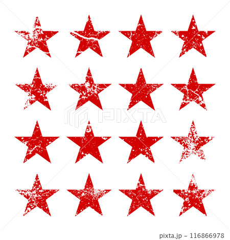 Red vintage stars with cracks and stains. Old hand-drawn sign, black simple shape. Retro design element with distressed effect, grunge texture. Vector illustration Red vintage stars with cracks and stains. Old hand-drawn sign, black simple shape. Retro design element with distressed effect, grunge texture. Vector illustration 116866978