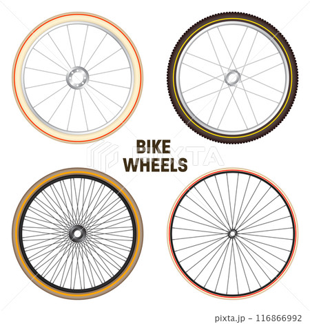 Realistic 3d retro bicycle wheels. Vintage bike rubber tyres, shiny metal spokes and rims. Fitness cycle, touring, sport, road and mountain bike. Vector illustration Realistic 3d retro bicycle wheels. Vintage bike rubber tyres, shiny metal spokes and rims. Fitness cycle, touring, sport, road and mountain bike. Vector illustration 116866992