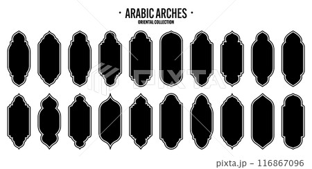 Islamic frames, oriental style objects. Arabic shapes, windows and arches. Traditional ornamental banner, frame. Muslim holidays, Ramadan Kareem. Modern eastern architecture. Vector illustration 116867096