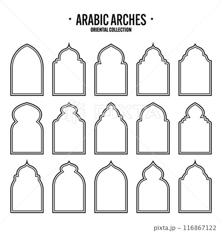 Islamic frames, oriental style objects. Arabic shapes, windows and arches. Traditional ornamental banner, frame. Muslim holidays, Ramadan Kareem. Modern eastern architecture. Vector illustration 116867122