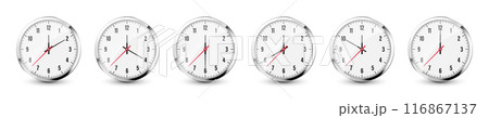 Wall clock, stopwatch icons. Shiny metal chronometer, time counter with dial. Countdown timer showing minutes and seconds. Time measurement for sport, start and finish. Vector illustration 116867137