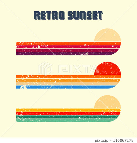 Grunge horizontal vintage sunsets. Various colorful striped sunrise badges in 80s and 90s style. Sun and ocean view, summer vibes, surfing. Design element, print, logo or t-shirt. Vector illustration Grunge horizontal vintage sunsets. Various colorful striped sunrise badges in 80s and 90s style. Sun and ocean view, summer vibes, surfing. Design element, print, logo or t-shirt. Vector illustration 116867179