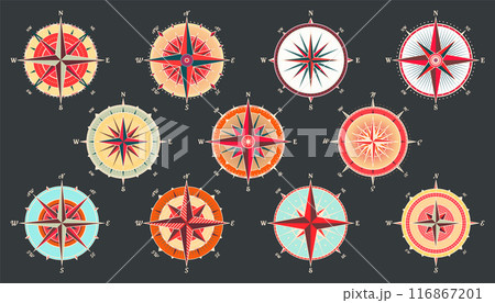 Vintage marine wind rose, nautical chart. Colorful navigational compass with cardinal directions of North, East, South, West. Geographical position, cartography and navigation. Vector illustration Vintage marine wind rose, nautical chart. Colorful navigational compass with cardinal directions of North, East, South, West. Geographical position, cartography and navigation. Vector illustration 116867201