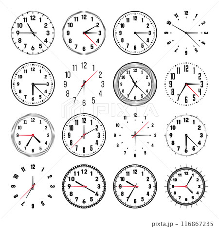 Mechanical clock faces with hands, bezel. Watch dial with minute, hour marks and numbers, arabic numerals. Timer or stopwatch element. Measuring circle scale with divisions. Vector illustration Mechanical clock faces with hands, bezel. Watch dial with minute, hour marks and numbers, arabic numerals. Timer or stopwatch element. Measuring circle scale with divisions. Vector illustration 116867235
