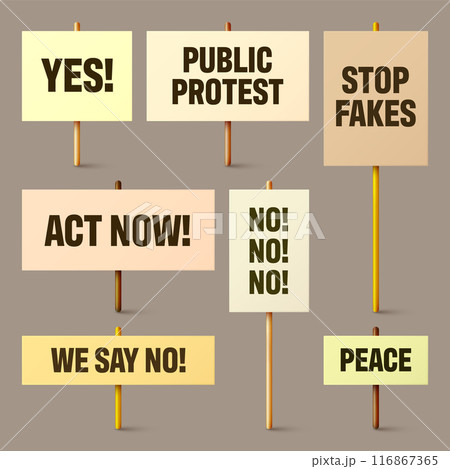 Colorful protest signs with slogan on wooden holder. Realistic vector demonstration banner. Strike action cardboard placard mockup Colorful protest signs with slogan on wooden holder. Realistic vector demonstration banner. Strike action cardboard placard mockup 116867365