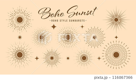 Vintage sunburst, sunset beams collection. Boho style, modern minimalist bohemian design. Hand drawn bursting sun, light rays. Logotype or lettering design element in retro style. Vector illustration Vintage sunburst, sunset beams collection. Boho style, modern minimalist bohemian design. Hand drawn bursting sun, light rays. Logotype or lettering design element in retro style. Vector illustration 116867366