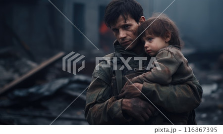 Brave Soldier Rescuing Distressed Child in Devastated Village Amidst Chaos 116867395