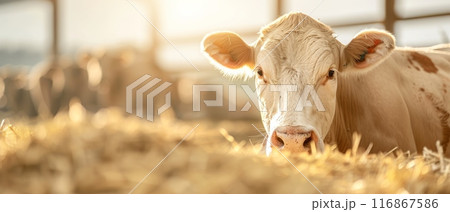 Close-up of a cow resting on straw inside a sunlit barn, showcasing peaceful farm life and the serene rural environment. Close-up of a cow resting on straw inside a sunlit barn, showcasing peaceful farm life and the serene rural environment. 116867586