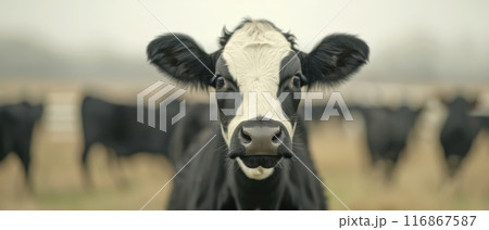 Close-up of a curious black and white cow in a field with other cows in the background on a foggy day. Close-up of a curious black and white cow in a field with other cows in the background on a foggy day. 116867587