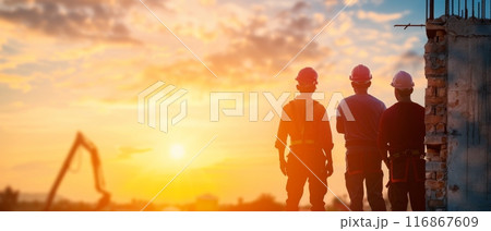 Construction workers on a building site at sunset, creating a beautiful silhouette against a colorful sky, showcasing hard work and dedication. 116867609