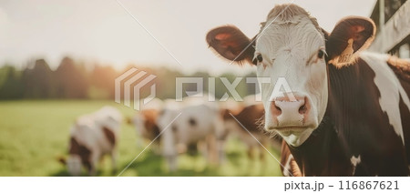 Cows grazing in a sunlit pasture, with one cow close to the camera. Beautiful rural scene with green fields and a sunny sky. Cows grazing in a sunlit pasture, with one cow close to the camera. Beautiful rural scene with green fields and a sunny sky. 116867621