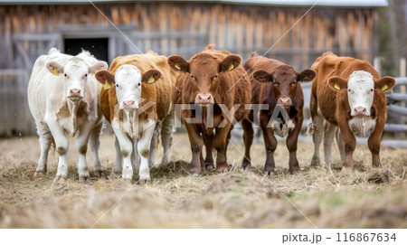 Group of cows standing in front of a barn, showcasing various colors, on a farm with hay covered ground. 116867634