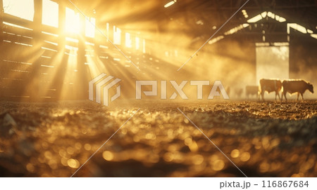 Sunlight beams through a barn with cows in the distance, illuminating dust particles and creating a warm, golden atmosphere. 116867684