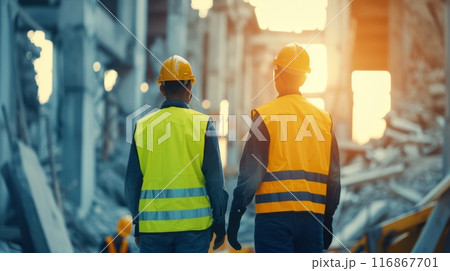 Two construction workers in safety vests and hard hats at a construction site during sunrise, symbolizing teamwork and progress. Two construction workers in safety vests and hard hats at a construction site during sunrise, symbolizing teamwork and progress. 116867701