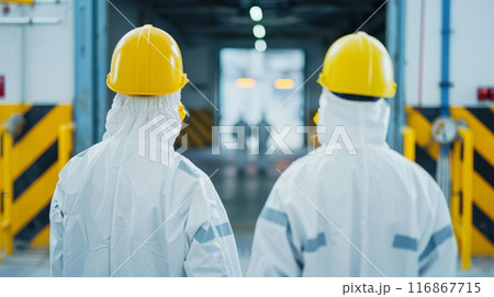 Two workers in safety gear and helmets in an industrial facility, focusing on safety and efficiency. 116867715