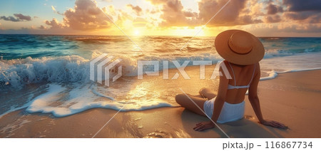 Woman watching a beautiful sunset sitting on the sandy beach with waves crashing. Relaxing vacation and tranquil moment by the ocean. 116867734
