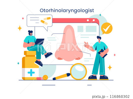 Vector Illustration of an Otorhinolaryngologist in a Healthcare Setting, Relating to Medical Issues of the Ear, Nose and Throat in a Flat Background 116868302