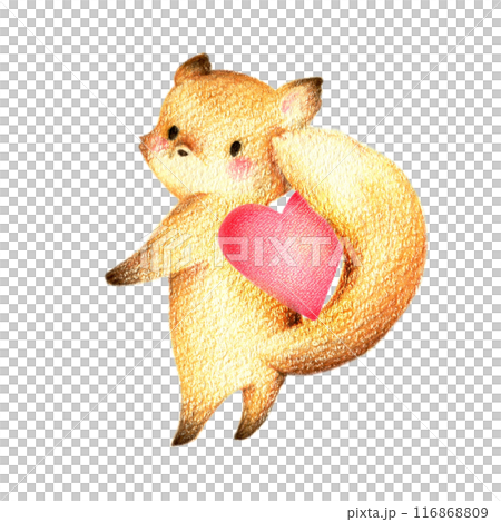 赤いハートをしっぽで持つきつね 手描き色鉛筆画のイラスト素材