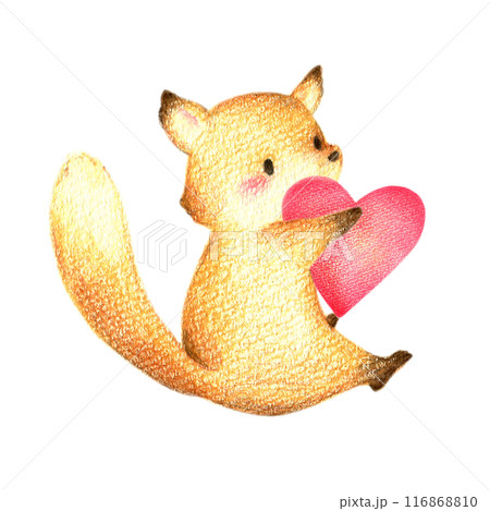 赤いハートを抱きしめて座るきつね　手描き色鉛筆画 116868810