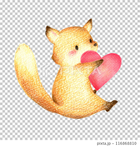赤いハートを抱きしめて座るきつね　手描き色鉛筆画 116868810