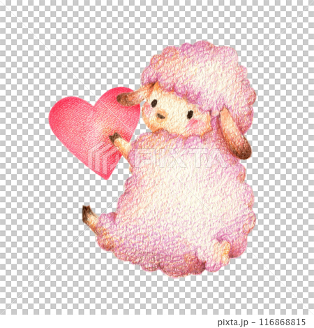 赤いハートを持って座るひつじ 手描き色鉛筆画 赤いハートを持って座るひつじ 手描き色鉛筆画 116868815