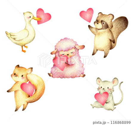 赤いハートを持った色々な動物たちのセット1 手描き色鉛筆画 赤いハートを持った色々な動物たちのセット1 手描き色鉛筆画 116868899