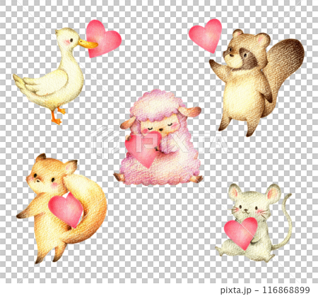 Set 1 of various animals holding red hearts Hand-drawn colored pencil drawings 116868899