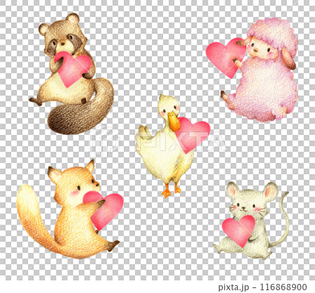 各種紅心動物2手繪彩色鉛筆圖 116868900