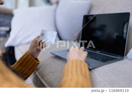 The woman uses her credit card to make online purchases, browsing various stores on her computer. 116869119