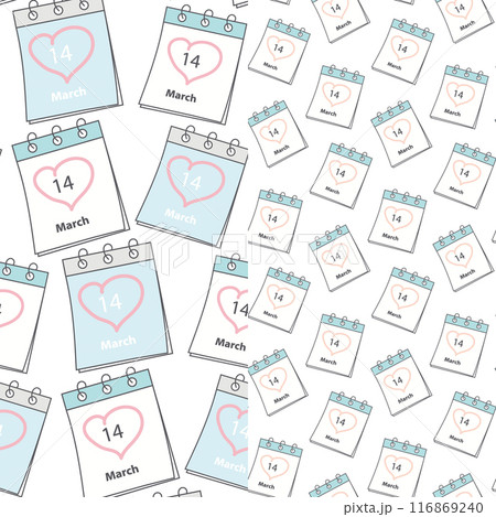 Seamless patterns calendar pages with White Day date March 14 and heart shaped stroke. Set of 2 116869240