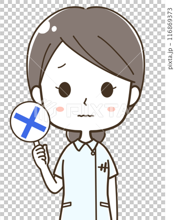 Upper body illustration of a young female nurse holding a cross sign 116869373